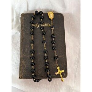 Vintage Lourdes Rosary Black Glass Beads Gold Tone Crucifix Catholic Prayer